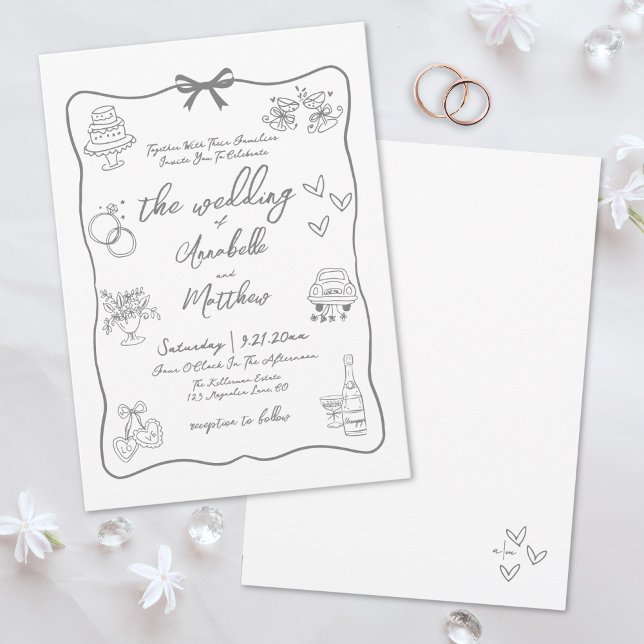 Invitation Mariage Fantaisiste Gris Dessiné à la Main (Hand Drawn Gray Whimsical Wedding Invitation)