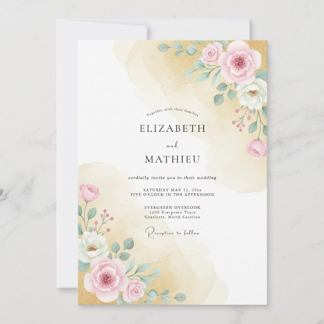 Invitation Mariage Fantaisiste Rose Pâle Floral (Devant)