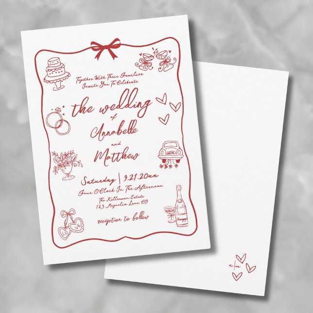 Invitation Mariage fantaisiste rouge dessiné à la main (Hand Drawn Red Whimsical Wedding Invitation)
