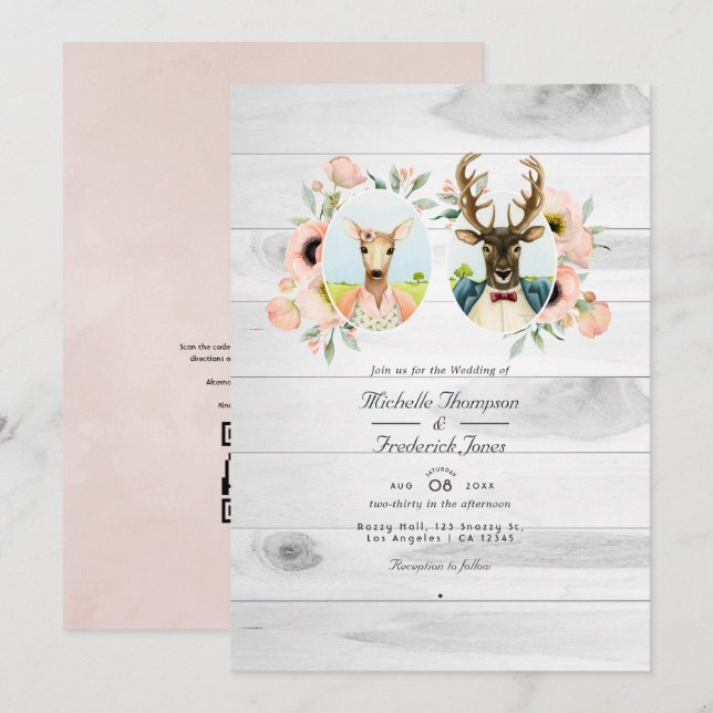Invitation Mariage fantaisiste rustique de cerfs de la forêt  (Devant / Derrière)