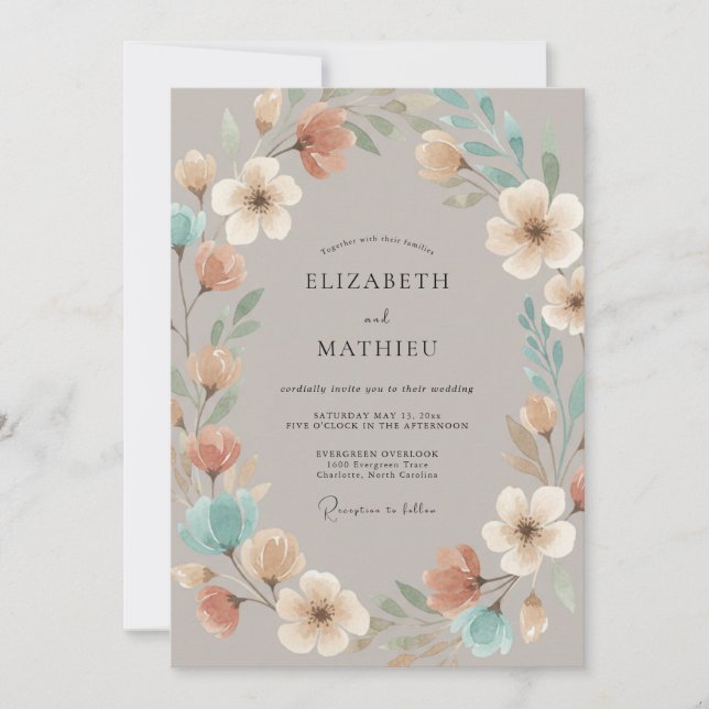 Invitation Mariage fantaisiste taupe floral (Devant)