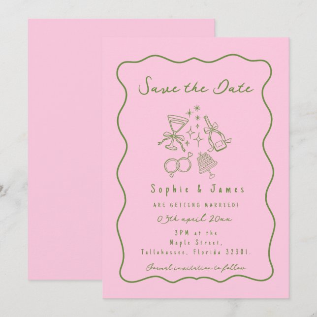 Invitation Mariage fantaisiste tendance rose et vert Doodle (Devant / Derrière)