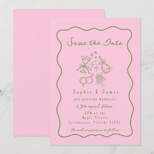 Invitation Mariage fantaisiste tendance rose et vert Doodle