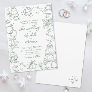 Invitation Mariage fantaisiste vert dessiné à la main