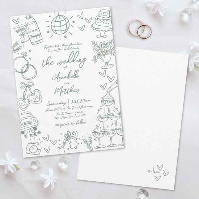 Invitation Mariage fantaisiste vert dessiné à la main (Hand Drawn Green Whimsical Wedding Invitation)