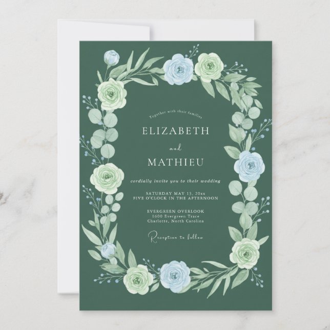Invitation Mariage fantaisiste vert sauge floral (Devant)