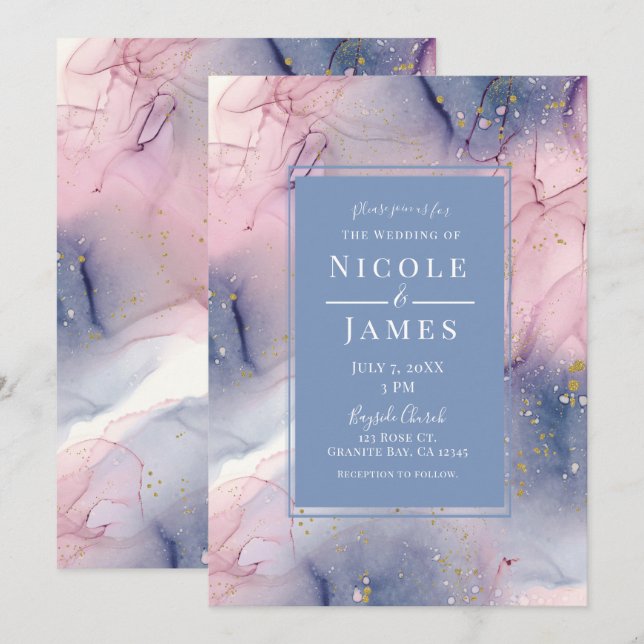 Invitation Mariage Fantastique à l'encre rose bleu pâle doré  (Devant / Derrière)