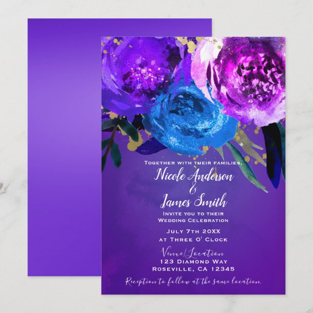 Invitation Mariage Fantastique Floral Violet Ultra Vibrant (Devant / Derrière)