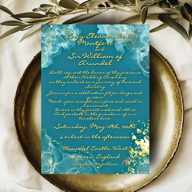 Invitation Mariage Fantastique Marbre Sarcelle Or Romantique (Romantic Gold Teal Marble Fantasy Wedding Invitation)