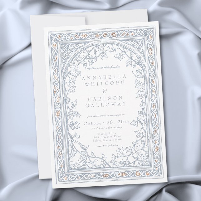 Invitation Mariage Fantastique Médiéval Gravure Bleu & Or (Medieval Fantasy Arch Blue & Gold Etching Wedding Invitation)