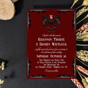 Invitation Mariage Fantastique Monogramme Dragon Rouge Noir