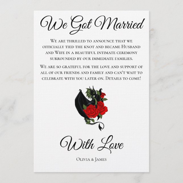 Invitation Mariage Fantasy Gothique Dragon Noir Rose Rouge (Devant)