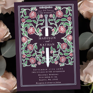 Invitation Mariage Fantasy Médiéval Épée d'Argent Aubergine
