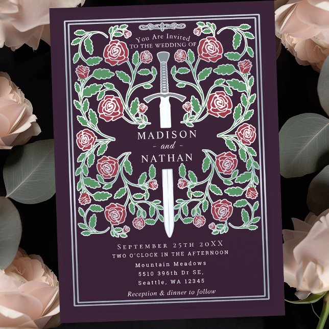 Invitation Mariage Fantasy Médiéval Épée d'Argent Aubergine (Créateur téléchargé)