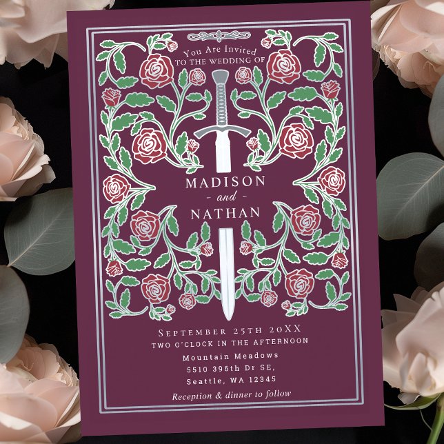 Invitation Mariage Fantasy Médiéval Floral Épée Argent Mauve (Créateur téléchargé)