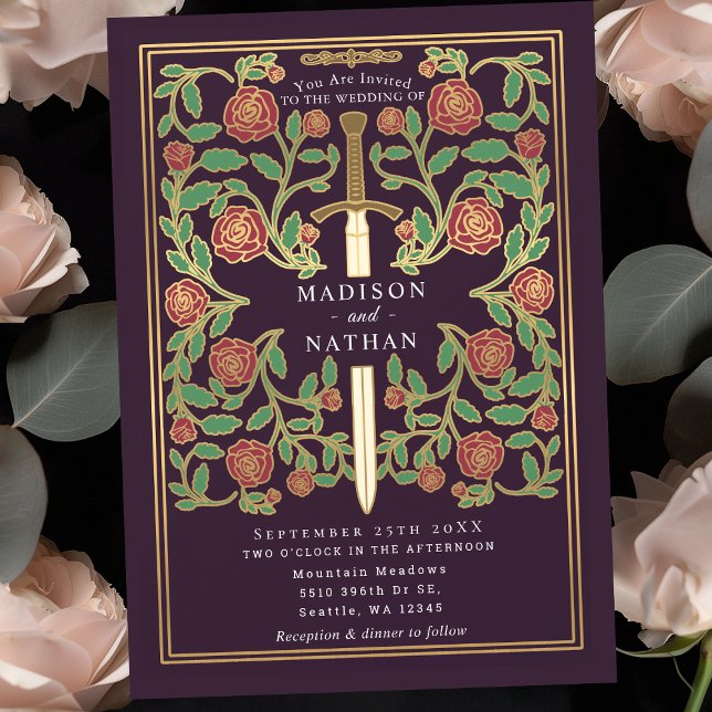 Invitation Mariage Fantasy Médiéval Floral Épée Aubergine  (Créateur téléchargé)