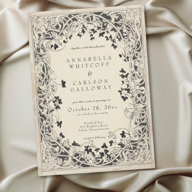 Invitation Mariage Fantasy Médiéval Vintage Gravure sur Noir (Medieval Fantasy Vintage Black Etching Wedding Invitation)