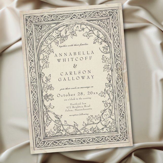 Invitation Mariage Fantasy Médiéval Vintage Gravure sur Noir (Medieval Fantasy Vintage Black Etching Wedding Invitation)