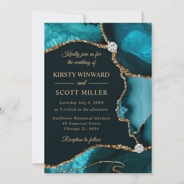 Invitation Mariage Fausse Agate Pailletée Sarcelle et Or (Devant)