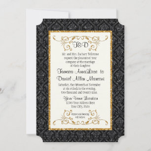 Invitation Mariage Faux Black Gold Parties scintillant Damask