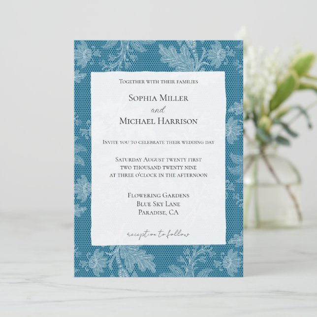Invitation Mariage Faux Dentelle Fleurie Bleu Blanc Joliment (Debout devant)