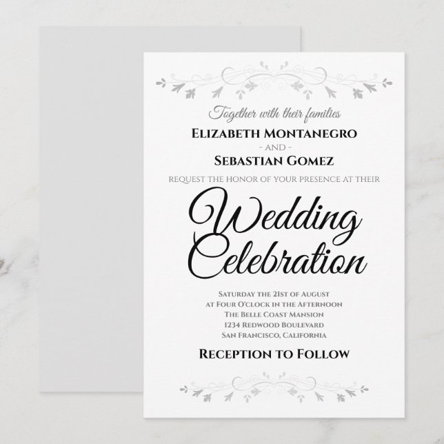 Invitation Mariage Faux Faux Foil Floral Argent (Devant / Derrière)