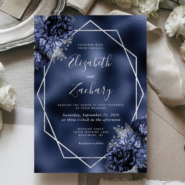 Invitation Mariage Faux Feuille D'argent À Fleurs Bleu Marine (Créateur téléchargé)