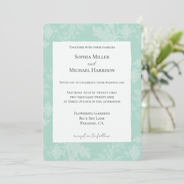 Invitation Mariage Faux Floral Blanc Menthe Assez (Debout devant)