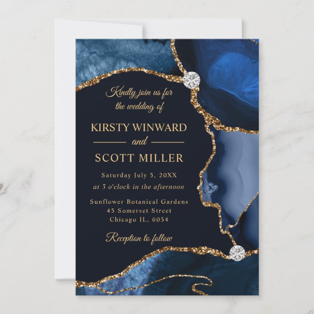 Invitation Mariage Faux Glitter Agate Bleu Marine et Or (Devant)