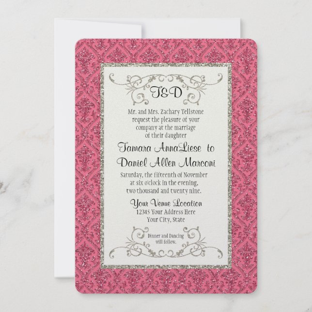 Invitation Mariage Faux Gold Parties scintillant Damask Flora (Devant)