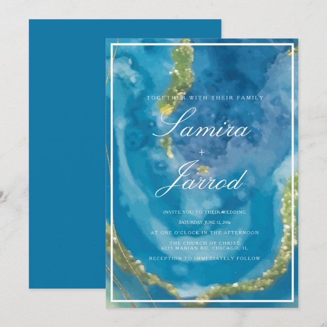 Invitation Mariage Faux Or Aquarelle Main Bleu Agate (Devant / Derrière)