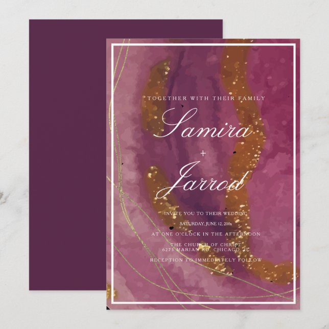 Invitation Mariage Faux Or Aquarelle Moutarde Violet Agate (Devant / Derrière)