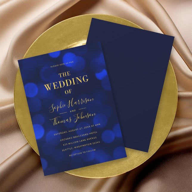 Invitation Mariage Faux Or Lumières Bokeh Bleu Saphir (Créateur téléchargé)