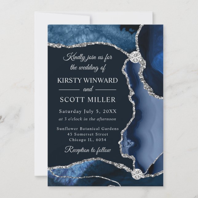 Invitation Mariage Faux Paillettes Agate Bleu et Argenté (Devant)