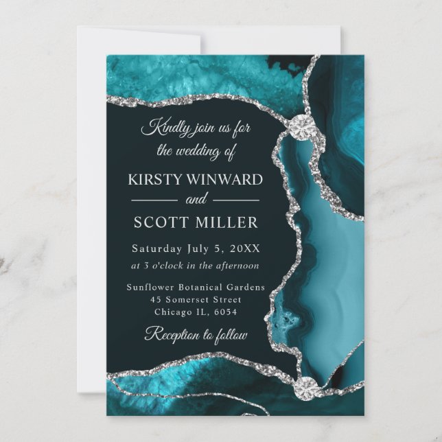 Invitation Mariage Faux Paillettes Agate Sarcelle et Argent (Devant)