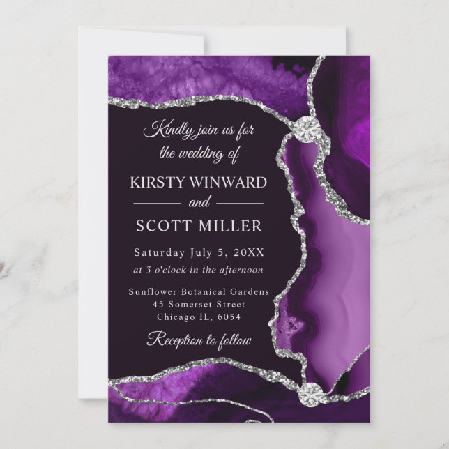 Invitation Mariage Faux Paillettes Agate Violet et Argent (Devant)