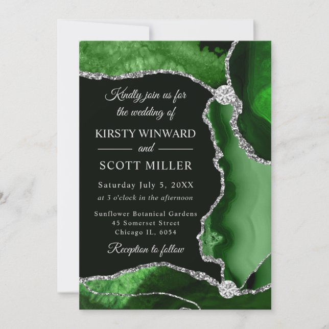 Invitation Mariage Faux Paillettes Vert et Argent Agate (Devant)