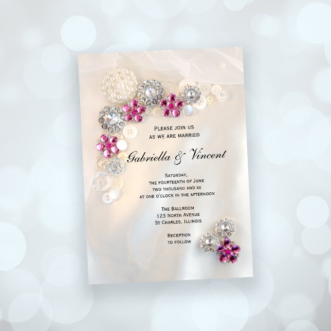 Invitation Mariage Faux Pink Diamond et White Peartons (Invite guests to your elegant marriage with the pretty Pink Diamond Buttons Wedding Invitation.)