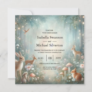 Invitation Mariage féerique de teal et de pêche en forêt ench