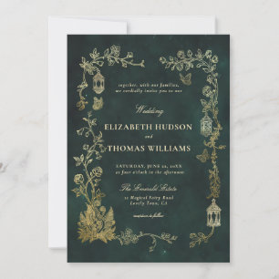Invitation Mariage féerique en forêt, vert émeraude magique