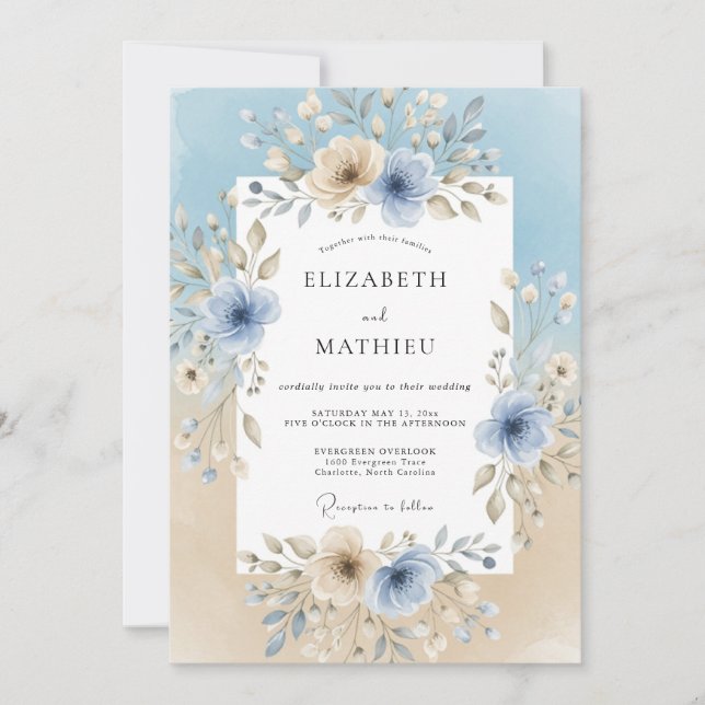 Invitation Mariage Félicité Florale Bleu Ciel (Devant)
