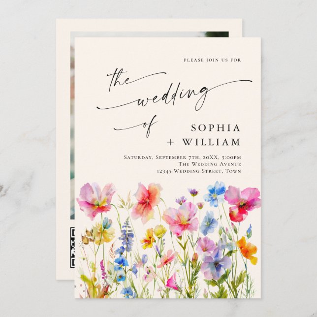 Invitation Mariage Festive Bright Watercolor Fleurs sauvages (Devant / Derrière)