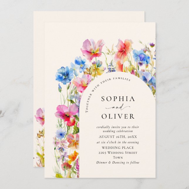 Invitation Mariage Festive Bright Watercolor Fleurs sauvages (Devant / Derrière)