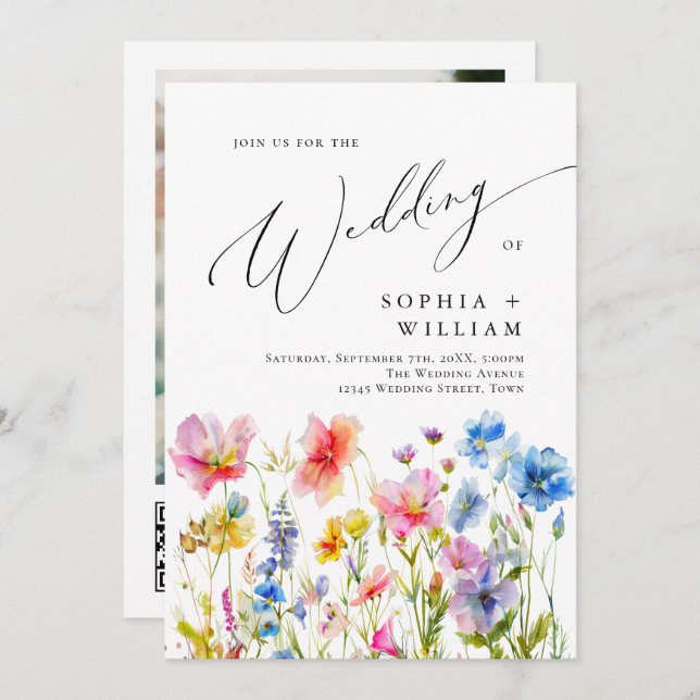 Invitation Mariage Festive Bright Watercolor Fleurs sauvages (Devant / Derrière)