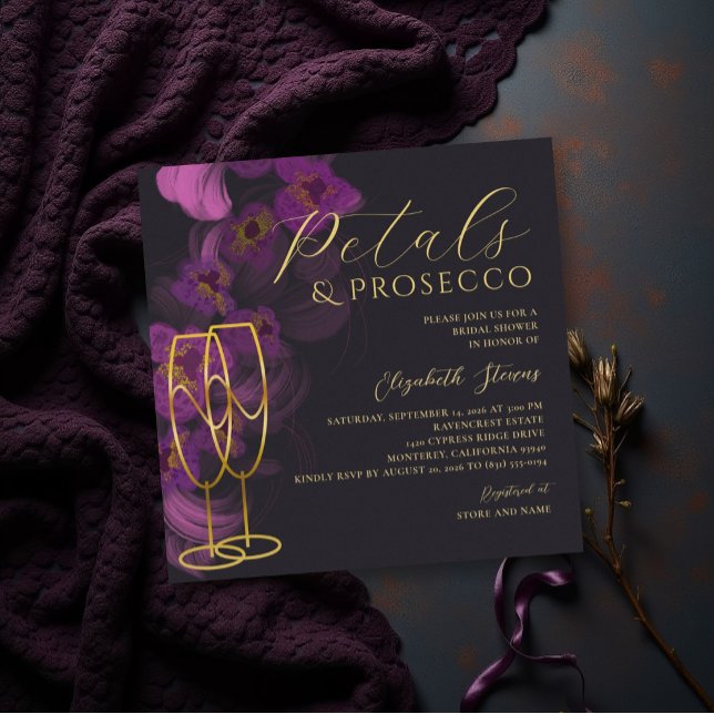 Invitation Mariage Fête de Fiançailles Prosecco Pétales d'Orc (petals and prosecco bridal shower invitation dark moody purple orchids gold elegant modern classic)