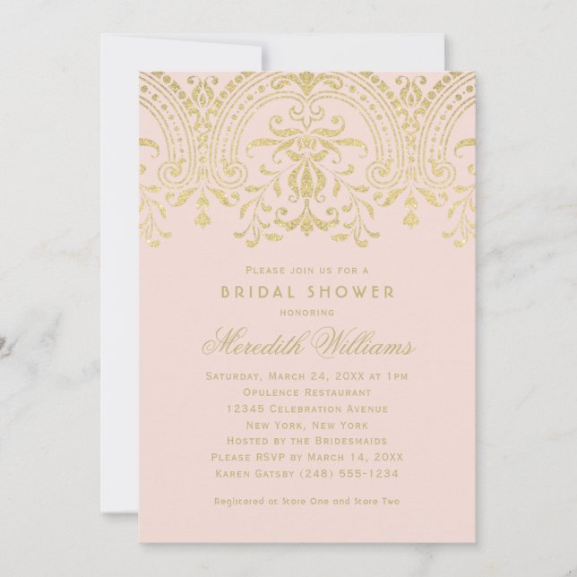 Invitation Mariage Fête de Fiançailles Rose Poudré Damask Or (Devant)