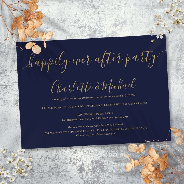 Invitation Mariage Fête de Navy Blue Gold Pour Toujours (Navy Blue Gold Happily Ever After Party Wedding Invitation)