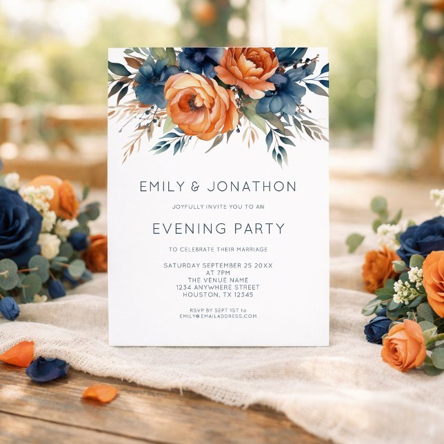 Invitation Mariage Fête de Soirée Fleurs Orange Brûlé Bleu Ma (Créateur téléchargé)