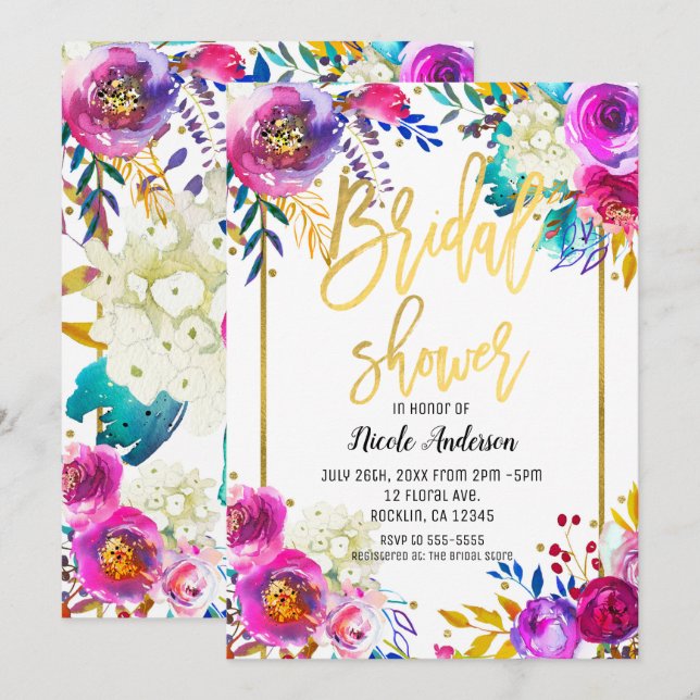 Invitation Mariage Fête Or Script Gras Aquarelle Floral (Devant / Derrière)