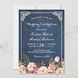 Invitation Mariage Fête Rose Floral Blue Chalkboard